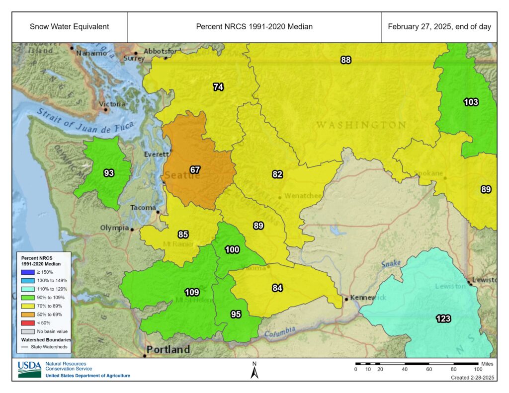 Map of snow water equivalent in Washington basins as of Feb. 27, 2025.