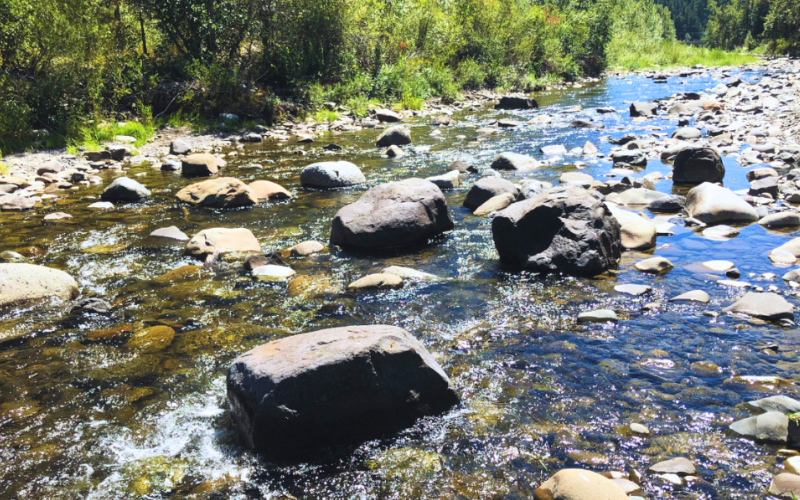 River with low water level flowing through exposed rocks in its bed and on its banks.
